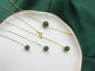 和田玉碧玉项链菠菜绿老坑8mm进口包金手链镶嵌玉石耳线配套饰品 耳线