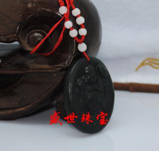 【盛世珠宝 正品新疆和田玉女款黑青玉吊坠开光站佛玉坠保平安批发】